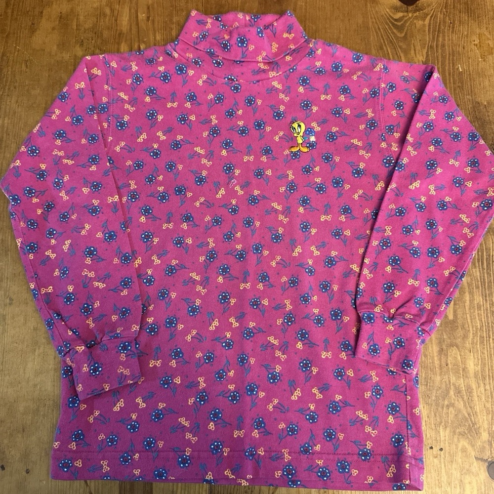Vintage Tweety Bird Girls Turtle Neck Long Sleeve Shirt Size 8? Pink Flawed‎